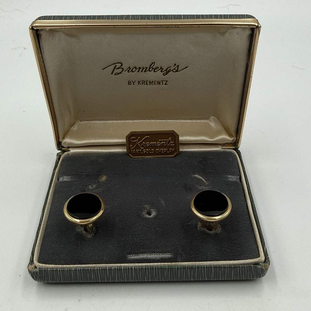 Vintage Krementz 14K Gold Overlay Black Onyx Cufflinks Bromberg's Original Box